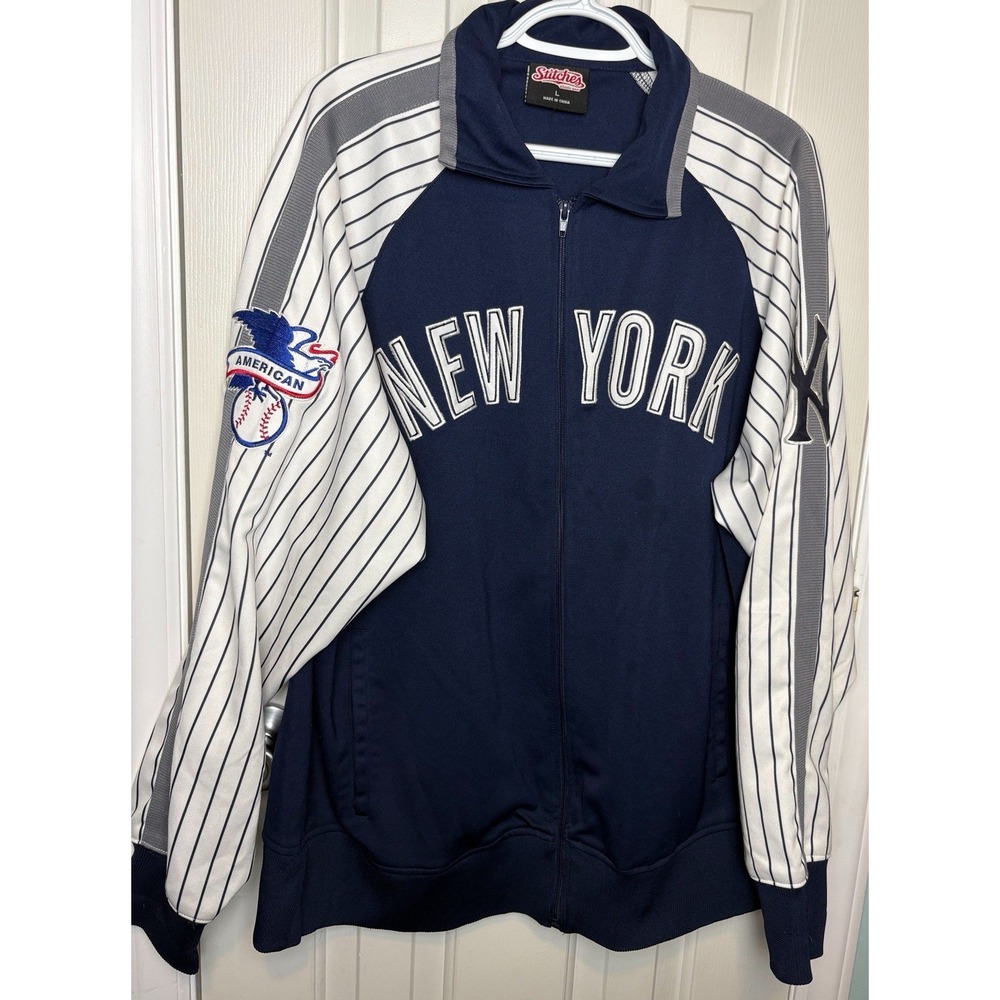 New York Yankees Men's Stitches Blue Pinstripe Sleeves Full Zip Jacket M Pocket